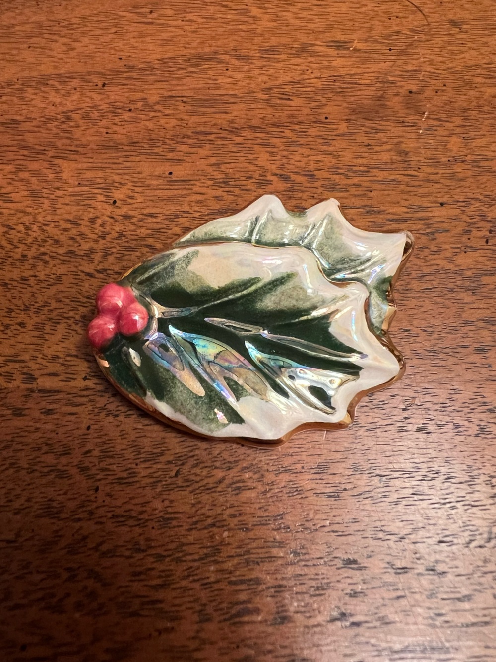 Vintage Mid Century Modern Ceramic Holly Leaf Berry Brooch